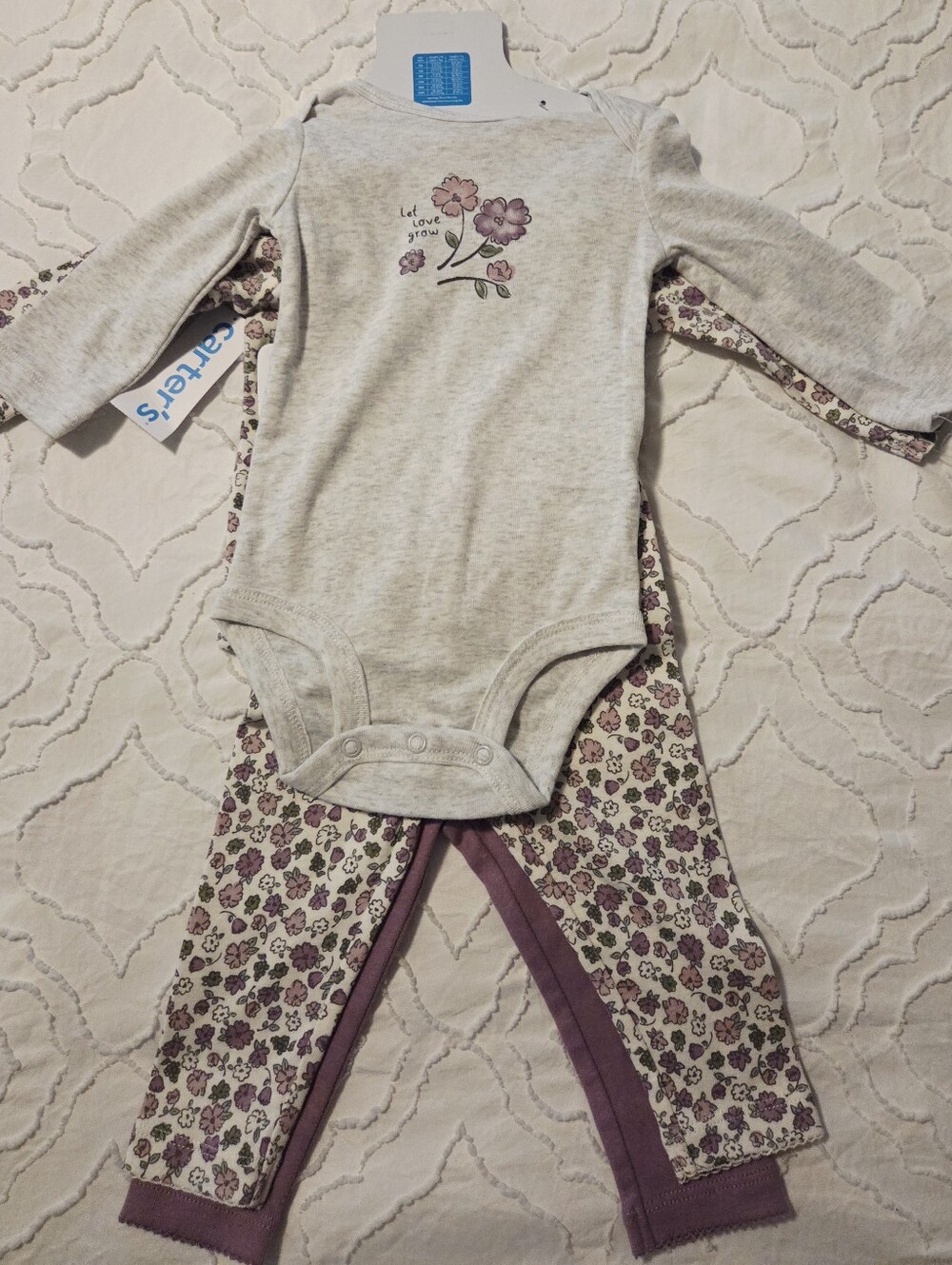 Carter's 4 Piece Set Heather Gray Bodysuit, Floral Top & 2 Pants Size 6M